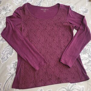 Eddie Bauer Burgundy Scoop Neck Lace Front Long Sleeve T Shirt Size Small EUC